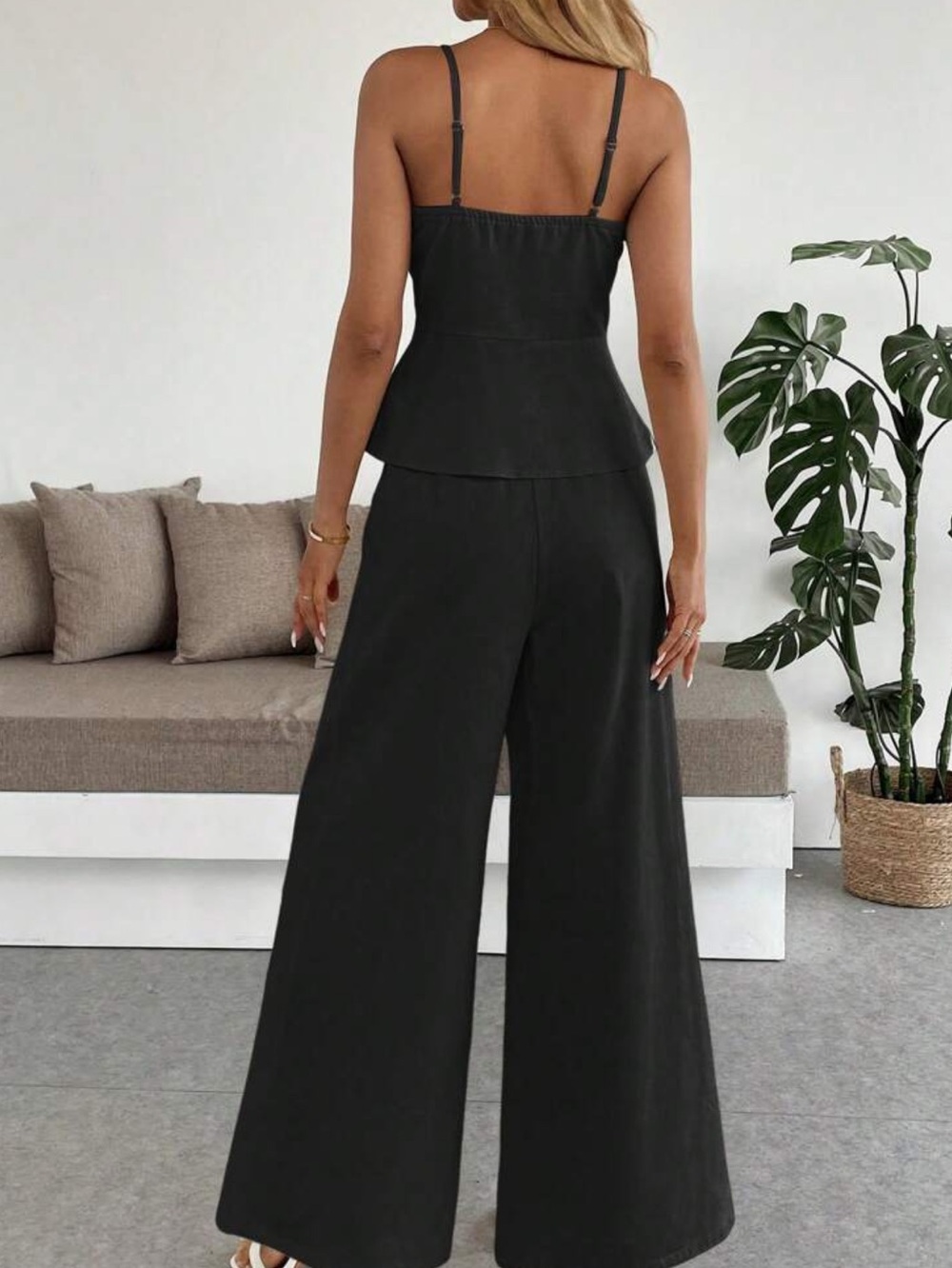 Black 2 Piece Wide-Leg Pants with Structured Corset Bodice Top Set - Picture 2 of 6